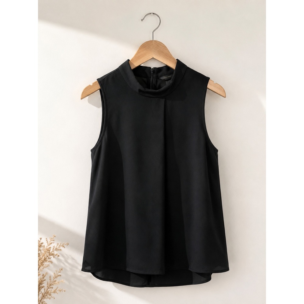 Ann Taylor Blouse Petite M Mock Neck Mixed Media Pleat Front Sleeveless Black
